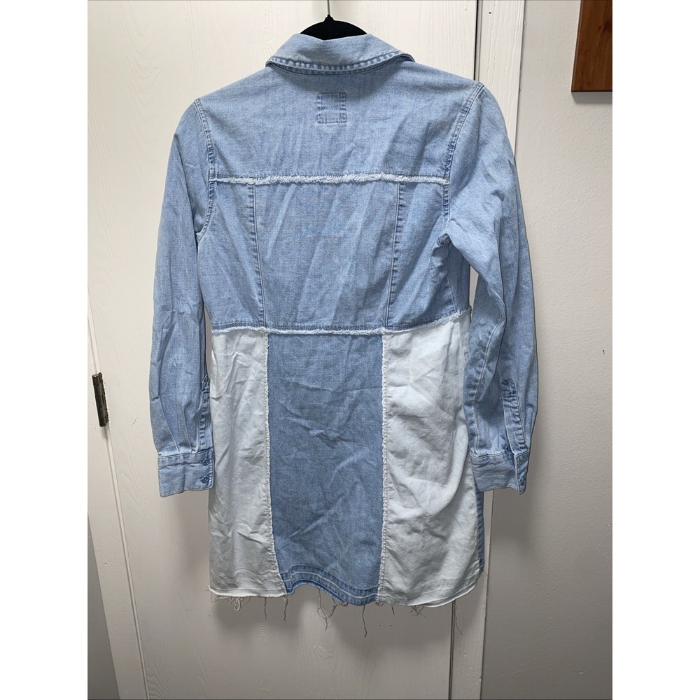 Cleo + Wolf Patchwork Denim Shirt Dress Women's XS Raw Hem Y2K Boho - Picture 7 of 9